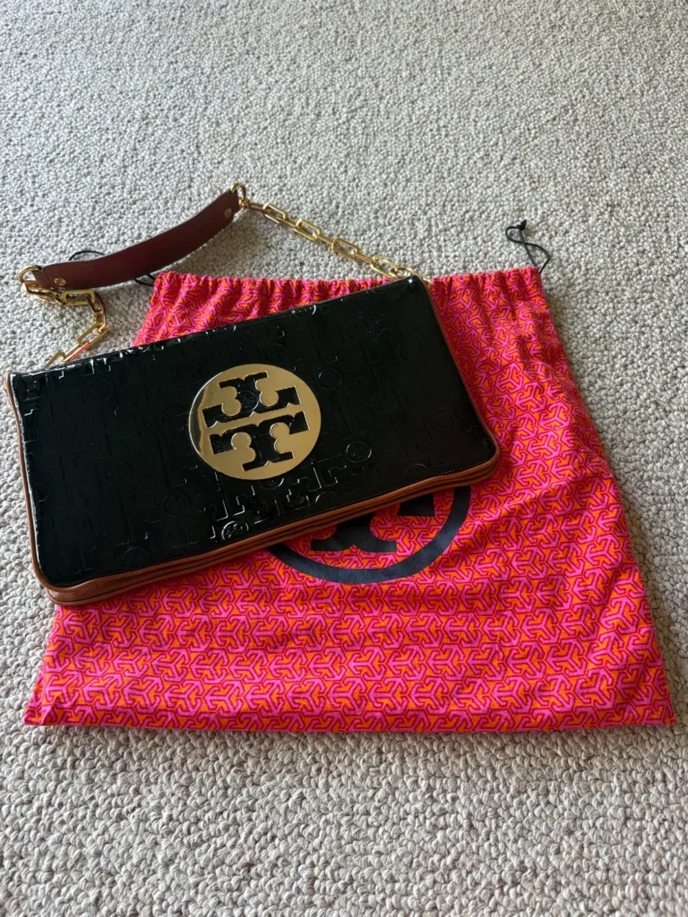 Tory Burch Reva Convertible Clutch Shoulder Bag Black Patent Leather + Dust Bag